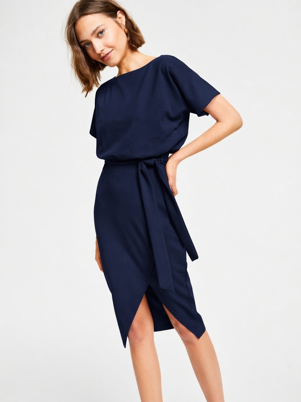 Kensie Navy Tie Waist Midi Dress Size 10 Short Sleeve Workwear NWT